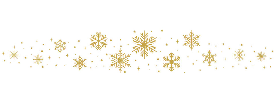 Golden winter snowflake border with sparkling festive details, elegant Christmas and New Year decorative divider in warm holiday style