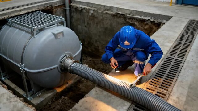 Medium shot of an underground rainwater harvesting setup showing pipes directing rainwater into subsurface storage for later irrigation use.