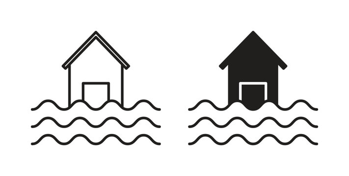 House flood icon glyph and line set thin line symbol concept.