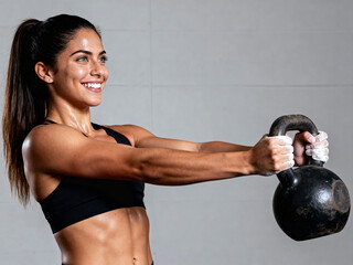 Mujer atl&eacute;tica entrenando con pesa rusa en gimnasio