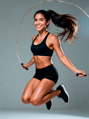 Mujer saltando la cuerda en el aire durante entrenamiento