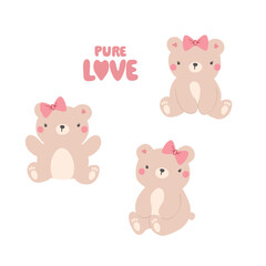 Fototapeta premium Cute sitting teddy bear illustrations with pink bows, rosy cheeks and heart accents in soft pastel colors. Baby girl themed “PURE LOVE” text included.