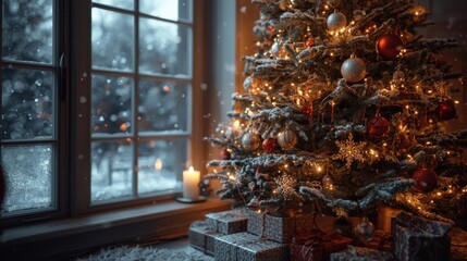 A decorated Christmas tree with gifts stands by the window, and winter is visible outside the window.
