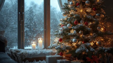 A decorated Christmas tree with gifts stands by the window, and winter is visible outside the window.