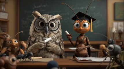 An owl and an ant start a lesson in a school classroom.