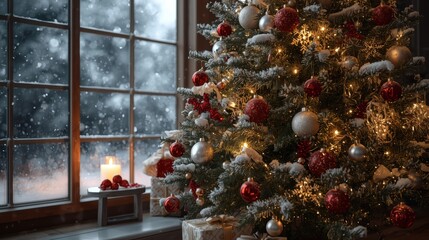 A decorated Christmas tree with gifts stands by the window, and winter is visible outside the window.