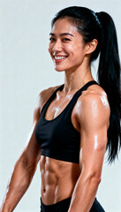 Mujer deportista sonriente con cuerpo definido tras entrenamiento