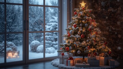 A decorated Christmas tree with gifts stands by the window, and winter is visible outside the window.