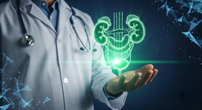Doctor Displaying Human Urinary System Medical Technology Copy Space