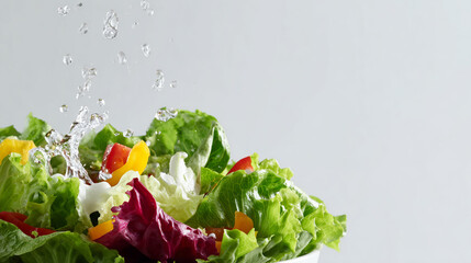 Water splashing onto a fresh mixed vegetable salad with copy space