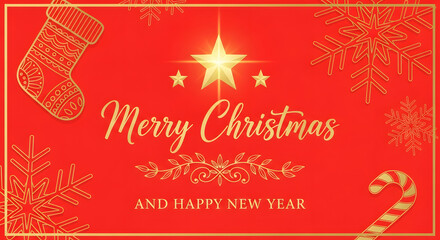 Merry Christmas and Happy New Year Red Gold Greeting Card Banner Star Snowflake Stocking Candy Cane Festive Background