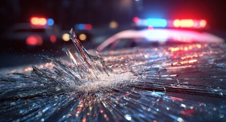 Shattered windshield, blurred police car lights
