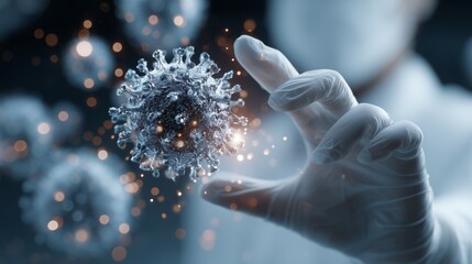 Scientist in gloves examines virus model with glowing particles in a laboratory setting