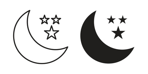 Moon stars icon with line and silhouette versions.