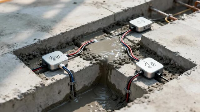 Close medium shot of embedded wireless concrete sensor units within freshly poured slab emphasizing innovation in curing process tracking and smart construction technologies in