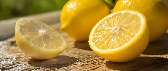 Fresh ripe lemons with sliced halves on a wooden surface, showing vibrant yellow color, juicy texture, and natural citrus freshness. Perfect for food, health, and kitchen concepts.
