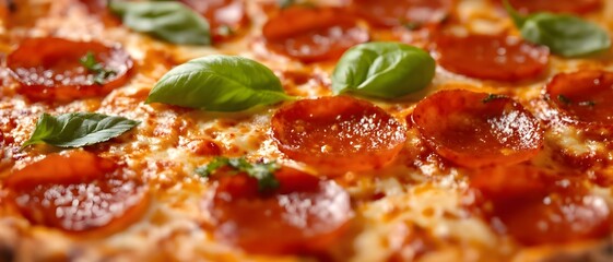 Freshly baked pepperoni pizza with melted cheese and basil leaves, ideal for restaurant menus, food ads, delivery promos, and social media marketing content.