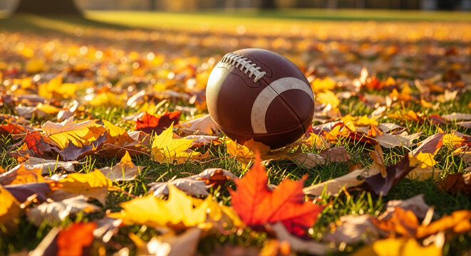 Football rolling on autumn leaves on the field, warm sunlight, shallow depth of field, natural textures emphasized. - Powered by Adobe
