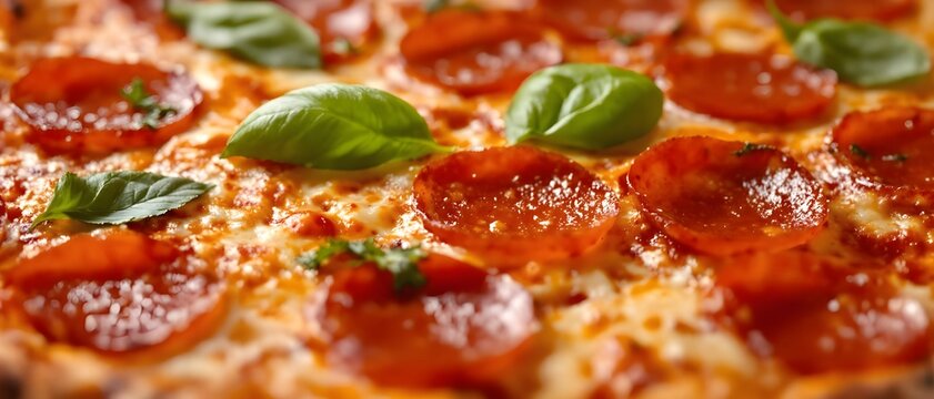 Freshly baked pepperoni pizza with melted cheese and basil leaves, ideal for restaurant menus, food ads, delivery promos, and social media marketing content.
