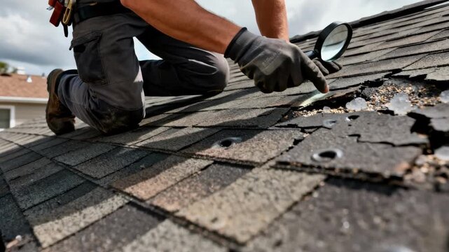 Closeup of technician inspecting hail damage on a residential roof highlighting dents and cracks caused by severe weather impact.