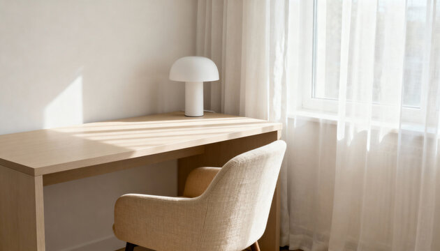 Minimalist home office with a wooden desk and chair in natural light. Modern scandinavian interior design concept for a clean workspace with copy space