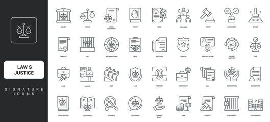Fototapeta premium Proof of crime, jury verdict and judge, fair judgment thin black and red outline symbols vector illustration Law and justice, legal document and human rights, court, legislative process line icon set.