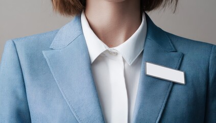 Female employee blue uniform blank name tag