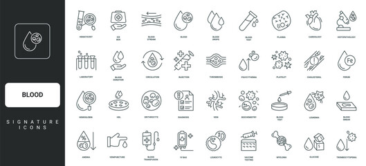 Plasma, leukocyte and erythrocyte, platelet, histopathology thin black and red outline symbols vector illustration Blood test result in medical laboratory, hematology, cardiology line icon set.