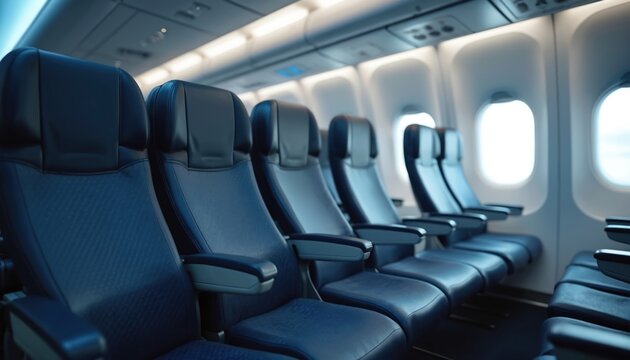 Cabin interior with empty seats. Aisle of airplane economy seats. Aircraft window. Passenger plane seats are blue. Travel or transport concept. Flight on air vehicle.
