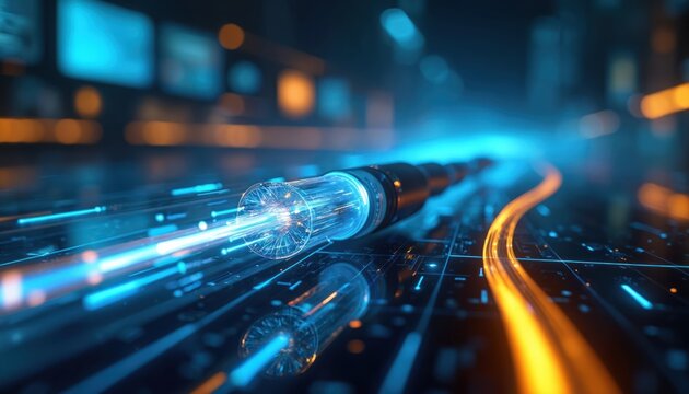 Fiber optic cable transmits data as light streams on digital grid. Futuristic network shows speed and connectivity. Blue and orange light streaks move on dark background. Modern tech concept.