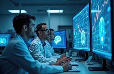 Scientists in lab coats analyze brain scans and data on computer screens. Team works in modern neuroscience research facility. Advanced medical tech displays neurological charts and brain activity.