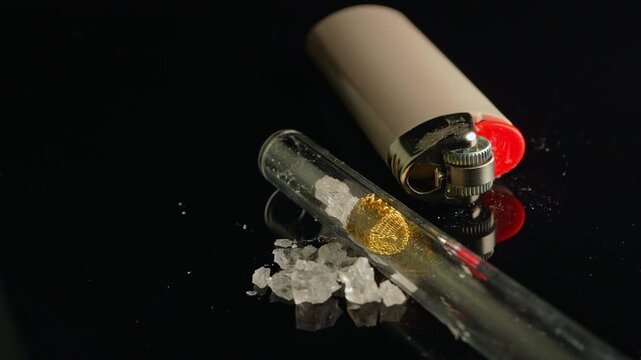 Crystal meth drug in rocks with smoking crack pipe on the table of addict. Addiction and drugs trafficking. Illicit drugs very potent and addictive, substances altered for street sale by drug dealer.