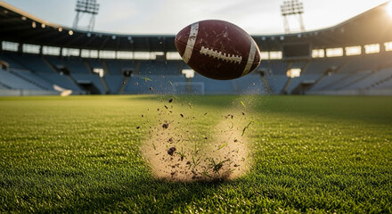 Football caught in motion above grass, motion blur, dust and grass particles flying, empty stadium background.