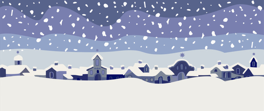 Christmas card of the old town under falling snow. Snowy Christmas landscape. Vector illustration.