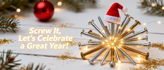 Fototapeta premium Creative construction Christmas concept with screws arranged as a star and Santa hat. Industrial holiday greeting banner with funny text Screw It Let's Celebrate a Great Year