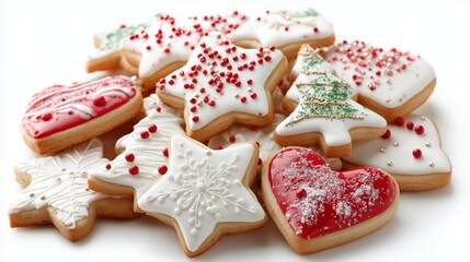 A selection of beautifully decorated Christmas cookies in heart star and tree shapes creating a charming festive holiday baking display, Generative AI