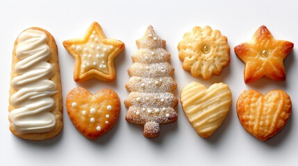 A selection of beautifully decorated Christmas cookies in heart star and tree shapes creating a charming festive holiday baking display, Generative AI
