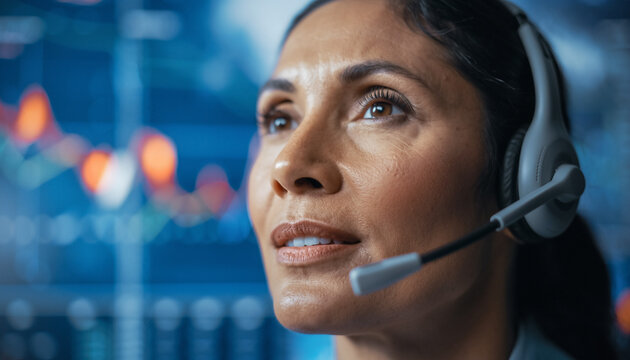 Focused businesswoman analyzing data trends with headset in modern office, achieving success and growth, perfect for corporate communications