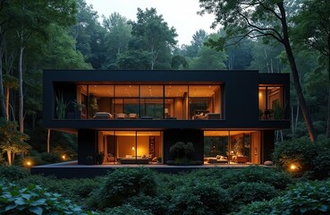 Modern black house with large windows sits in rich green forest. Warm light glows from rooms inside the home. Nature surrounds this secluded architectural dwelling.