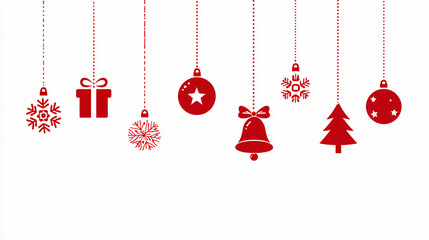 Set of red christmas ornament icons hanging isolated on white background