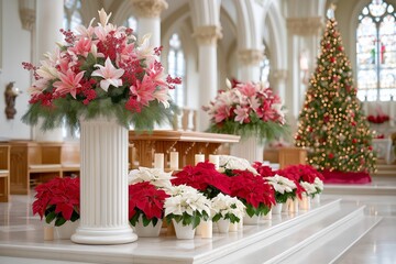 Fototapeta premium A beautifully arranged Christmas stage with a white tree and vibrant poinsettias creating an elegant festive holiday atmosphere in a bright interior, Generative AI