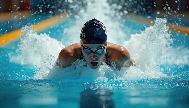 Female swimmer powerfully swims butterfly stroke in competition pool. Water splashes around athletic woman racing, focused on winning. Athlete trains hard for championship event. - Powered by Adobe