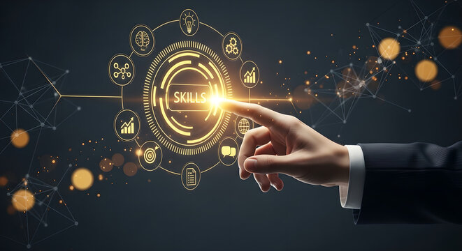 Skills Development Business Concept Hand Touching Button Copy Space - Powered by Adobe