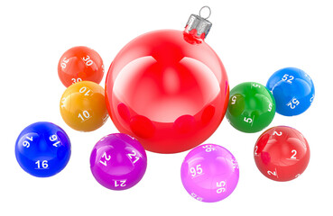 Christmas lottery concept. Christmas ornament with colorful lottery balls. 3D rendering