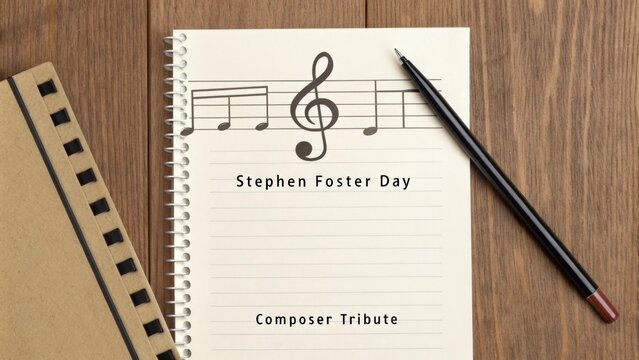 A notebook with sheet music and a pen dedicated to Stephen Foster - Powered by Adobe