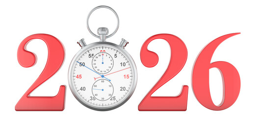 Red 2026 numbers with stopwatch. 3D rendering