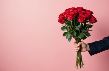 Man holds bunch of red roses, offering floral gift. Person presents romantic present for special occasion like anniversary or Valentines Day. Flower delivery service for loved one.