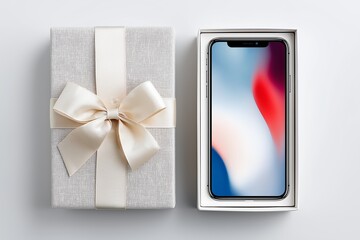 A modern smartphone presented inside a luxurious gift box with an elegant ribbon creating a stylish festive holiday tech surprise, Generative AI