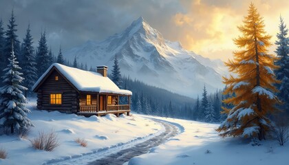 Fototapeta premium Winter scenic view presents cabin amidst snowy landscape. Snow covers roof and forest. Warm light shines from windows. Mountain in background. Picturesque winter season artwork.