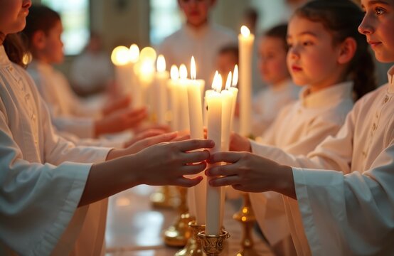 Children in white robes hold candles and pass fire to other candles at first communion ceremony. Young boys and girls participate in catholic tradition. Kids light candles in church. - Powered by Adobe